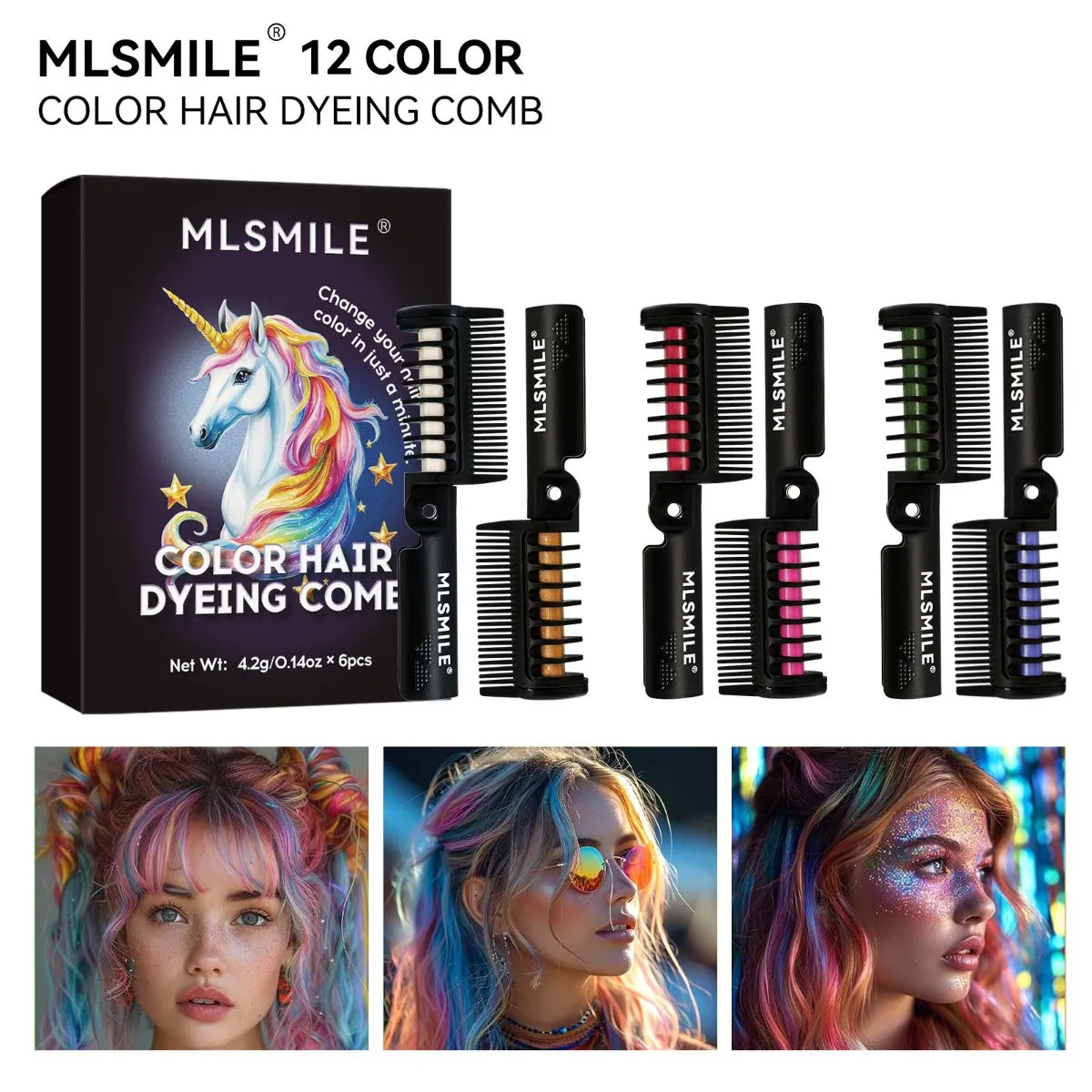 6 Colors Hair Chalk Comb Set – Temporary Washable Hair Color for Kids & Girls, Vibrant DIY Rainbow Hair Dye Combs for Party, Cosplay, Halloween & Birthday, Non-Toxic